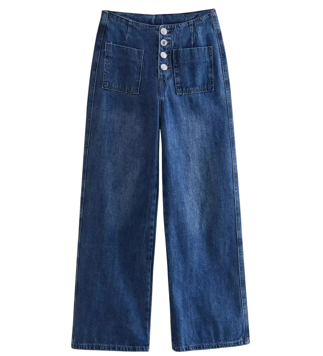 High Waist Wide Leg Denim Trousers with Clean Finish