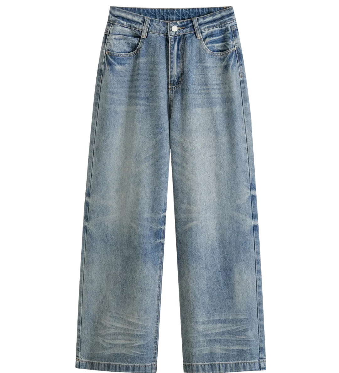 High Waist Straight Leg Denim Jeans with Vintage Blue Wash