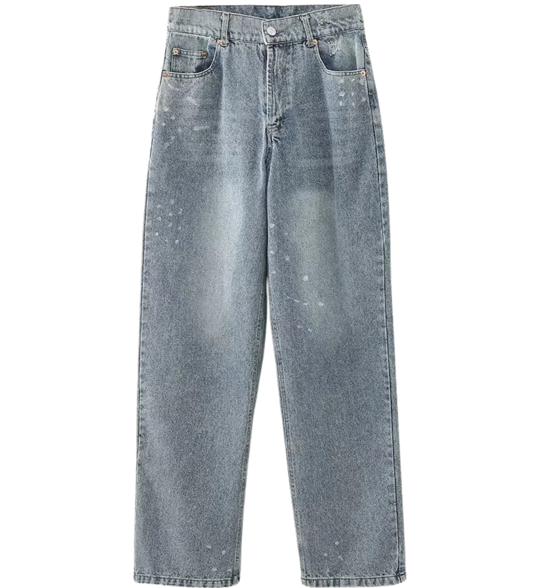 High Waist Straight Leg Denim Trousers with Vintage Wash