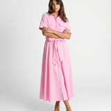 Women’s Short Sleeve Button Front Midi Dress with Waist Tie