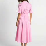 Women’s Short Sleeve Button Front Midi Dress with Waist Tie