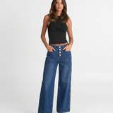 High Waist Wide Leg Denim Trousers with Clean Finish