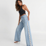High Waist Wide Leg Denim Jeans with Side Detail