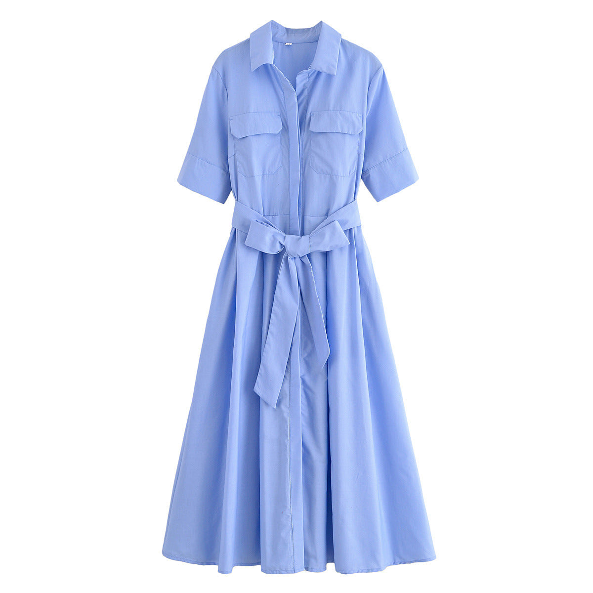Women’s Short Sleeve Button Front Midi Dress with Waist Tie