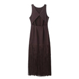 Women’s Sleeveless Fringe Hem Maxi Dress with Open Back