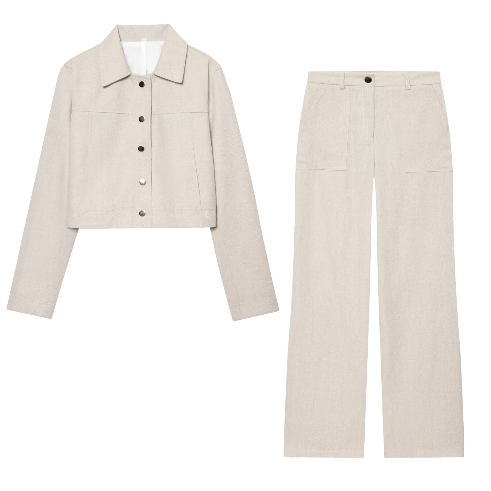 Cropped Button Jacket and Wide Leg Trousers Set