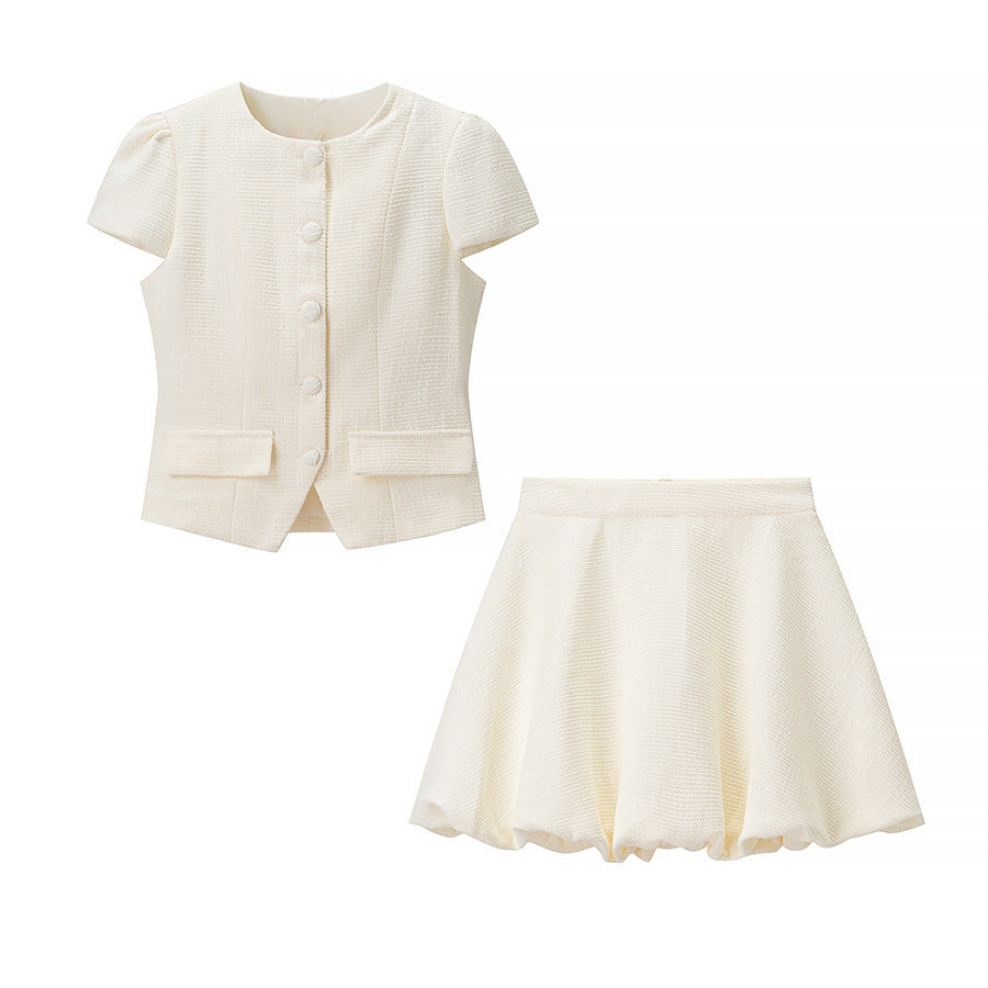 Short Sleeve Button Top and Flared Mini Skirt Set for Elegant Style