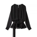 Women’s Long Sleeve Tie Front Blouse with Flowy Silhouette