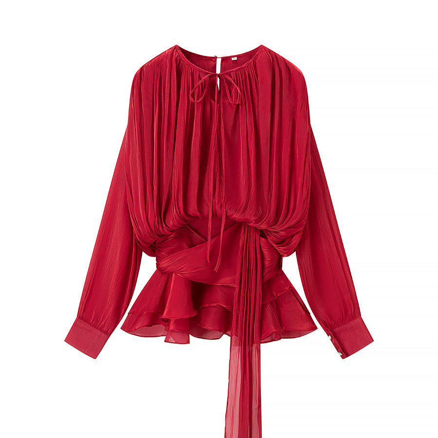 Women’s Long Sleeve Tie Front Blouse with Flowy Silhouette