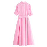 Women’s Short Sleeve Button Front Midi Dress with Waist Tie