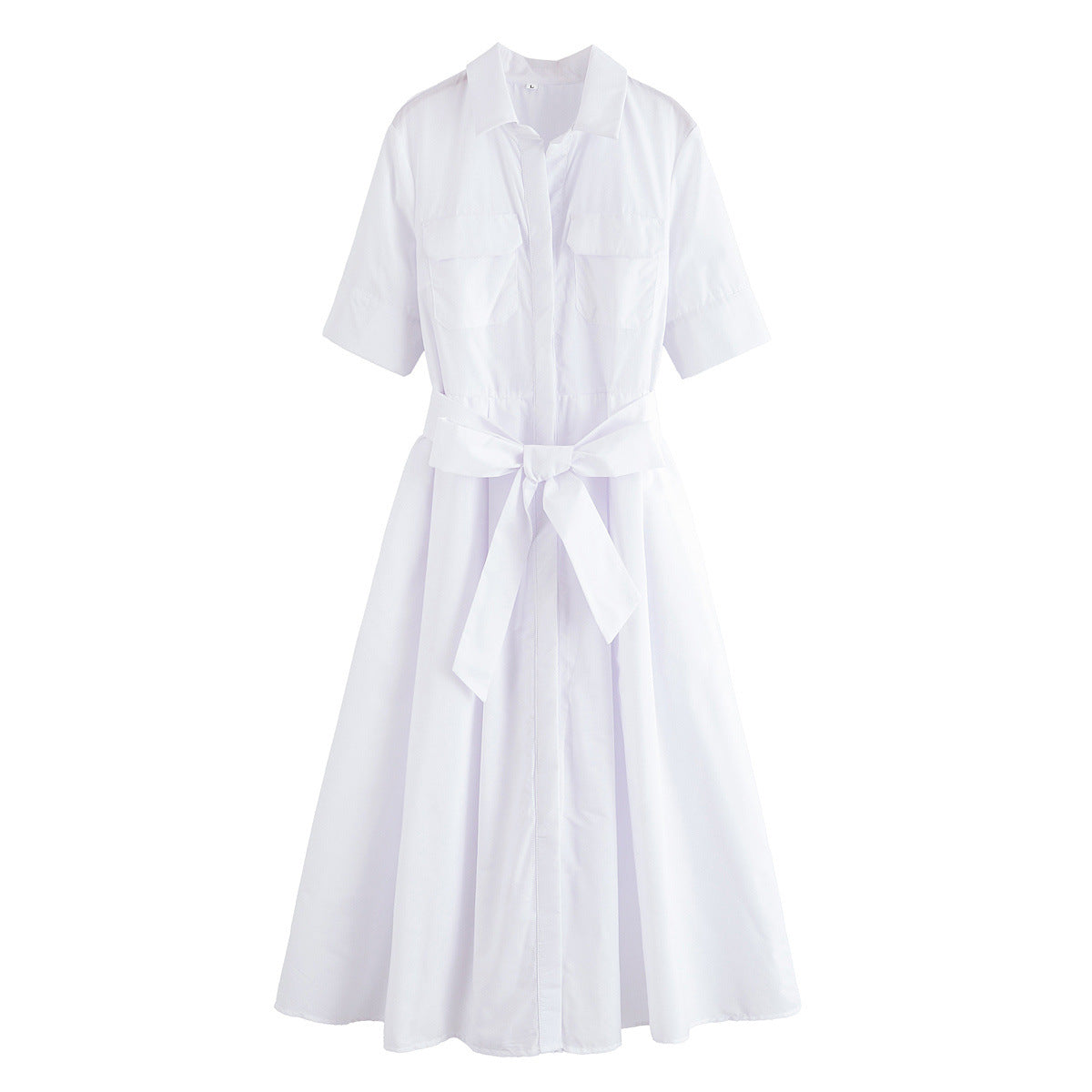 Women’s Short Sleeve Button Front Midi Dress with Waist Tie