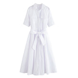 Women’s Short Sleeve Button Front Midi Dress with Waist Tie