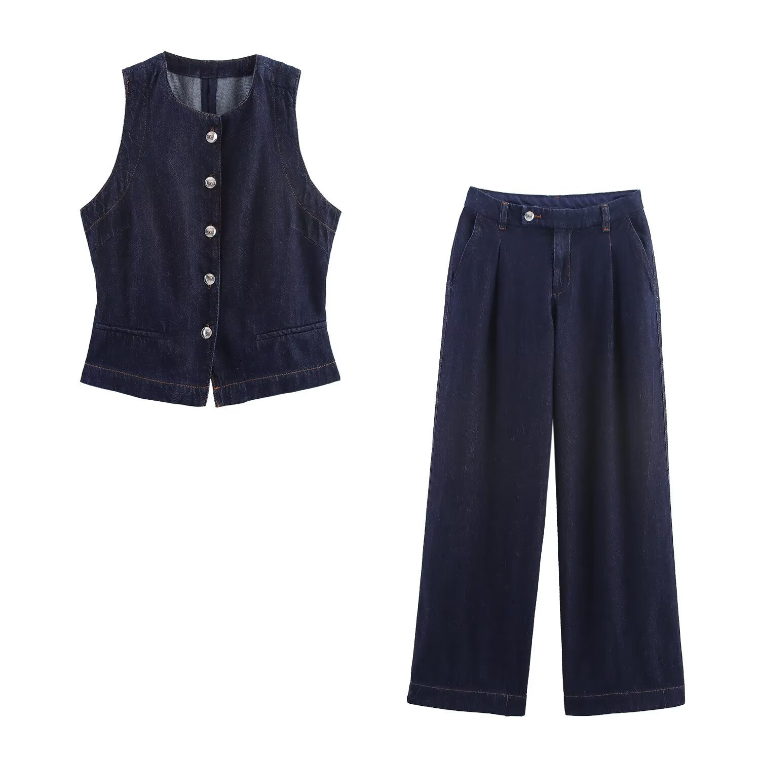 Denim Vest and Wide Leg Trouser Set for Modern Casual Style