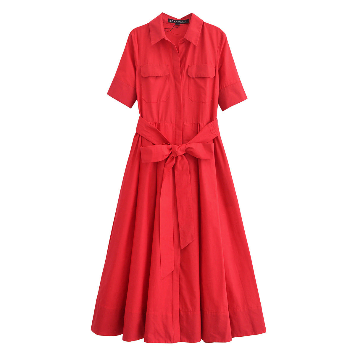 Women’s Short Sleeve Button Front Midi Dress with Waist Tie