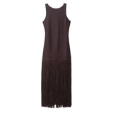 Women’s Sleeveless Fringe Hem Maxi Dress with Open Back
