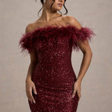 שמלת מיני נוצצת אוף-שולדר עם פרווה מעוצבת