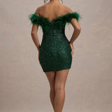 שמלת מיני נוצצת אוף-שולדר עם פרווה מעוצבת